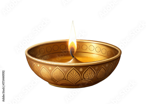 Traditional Indian Diya oil lamp with glowing flame, golden metallic texture, detailed lighting effect,