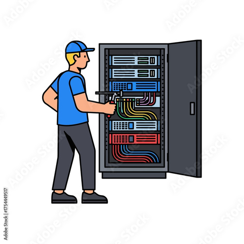 IT Technician Working on Server Rack Maintaining Network Infrastructure Illustration