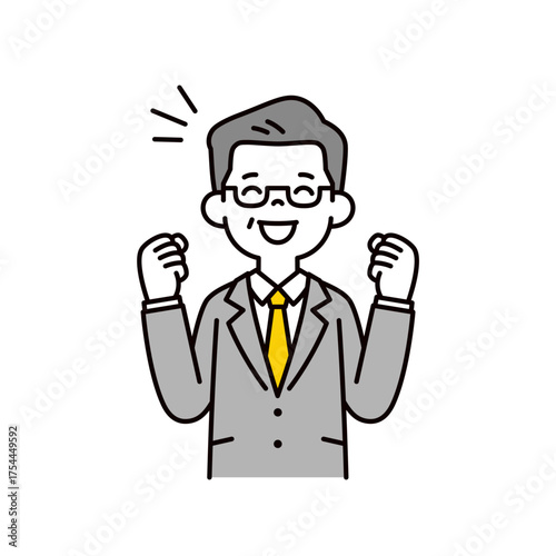 両手でガッツポーズをする、ミドル世代のビジネスマンのシンプルな上半身ベクターイラスト素材