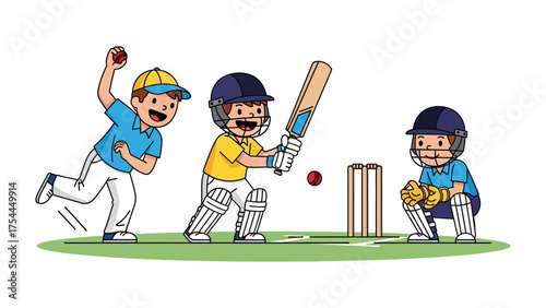 Cricket Play: A vibrant illustration showcasing three young cricketers in action, capturing the excitement and energy of the game.