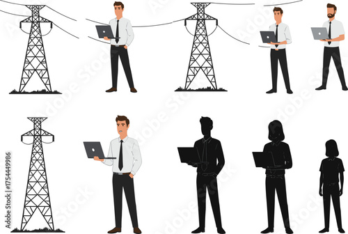 Vector illustration of engineers with laptops inspecting electricity towers, showing teamwork, technology, and energy industry concept in modern infrastructure.
