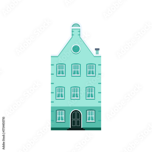 Isolated blue house in european style. Facade of building. Amsterdam style building. Cartoon  facade. Colorful house. Old city manor. Flat design. Vector illustration