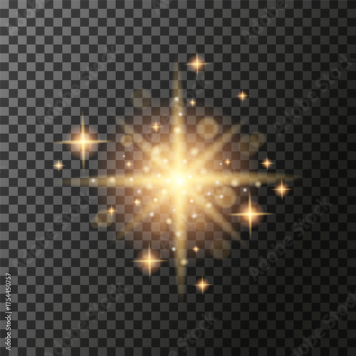 Isolated yellow light effect on dark transparent background. Abstract sun burst with bokeh and glitter. Sun flash with rays. Flash light. Glow sparkle effect. Vector illustration.