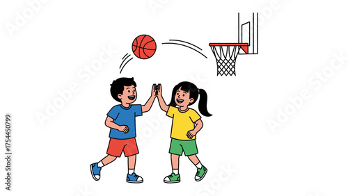 High Five and a Slam Dunk: Two young individuals celebrate a successful basketball shot with a spirited high-five, embodying teamwork and the thrill of victory on the court.