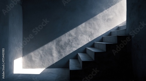 ascend. A sunlit staircase leading upward with a radiant glow at the top, creating strong contrast. real-estate listings.