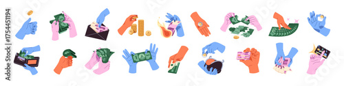 Set of human hands holding money. People pay, spend and save up cash. Credit cards, stacks of coins, wallets with banknotes. Finance, wealth and savings. Flat isolated vector illustrations on white