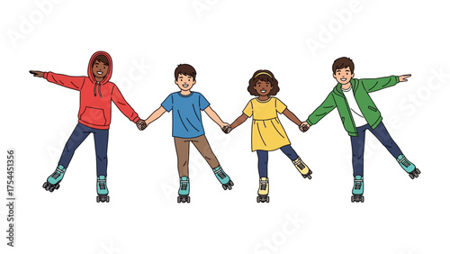 Friendship and Fun on Wheels: A cheerful group of diverse children enjoys a delightful roller-skating session together, embodying the spirit of friendship and activity.