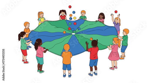 Joyful Games with Parachute: A circle of children, united by the colorful embrace of a parachute, revel in the simple joy of play. Balls dance in the air, and a smile graces every face.