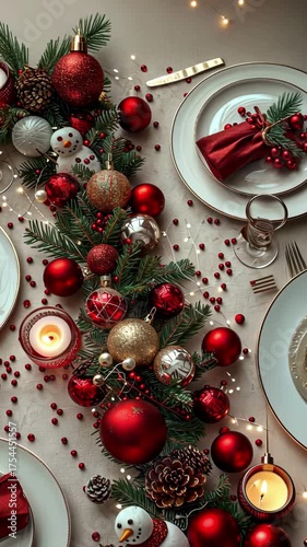 Elegant holiday table setting with candles and ornaments in festive red and gold decor