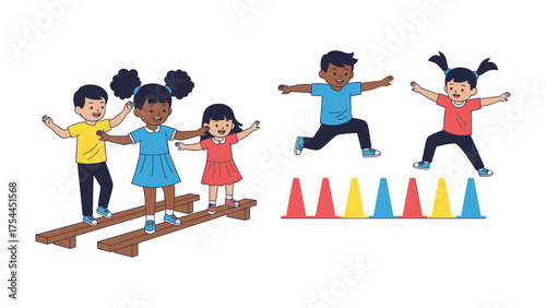 Kids' Play and Sports: Joyful children engage in playful activities, including balancing and jumping over hurdles, demonstrating the energy and fun of youth