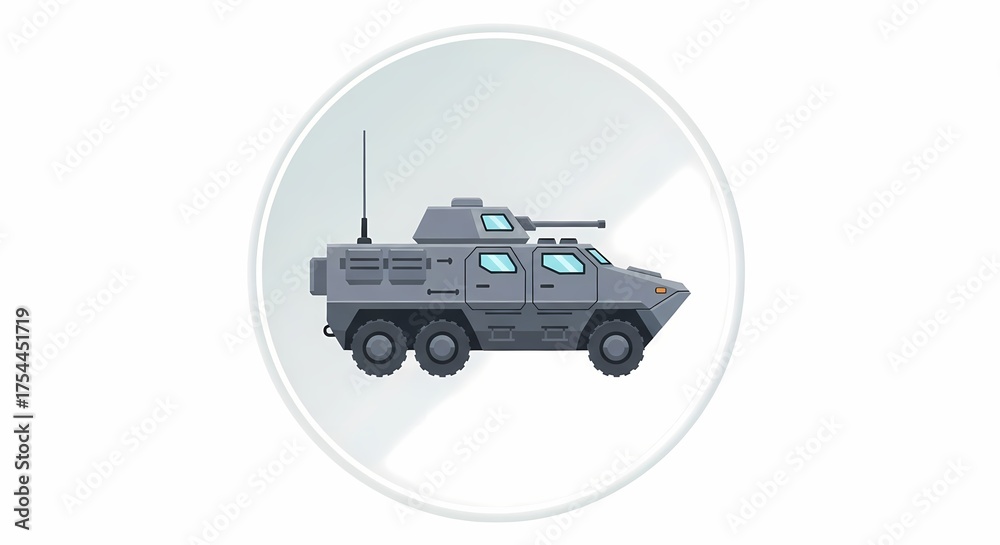 Fototapeta premium Illustration of a gray armored military vehicle with blue-tinted windows and multiple wheels in a minimalist circular frame, isolated on white