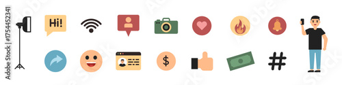 Blogging vector set. Modern social media influencer set. Cartoon blogger character.