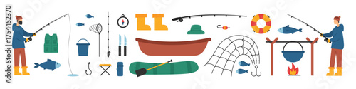 Fishing set. Cartoon fishing vector set. Isolated fishing sign set.