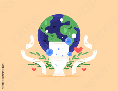 Happy World Toilet Day concept. Commemorating and celebrating World Toilet Day. Raising awareness about sanitation. Illustration of a toilet seat, the earth, and a sheet of tissue. Flat style. Orange 
