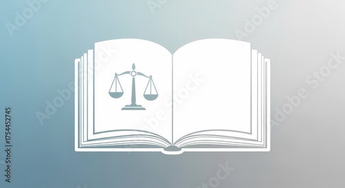 Open book icon with justice scale symbolizing law and knowledge on gradient background, ideal for legal, educational, and business contexts