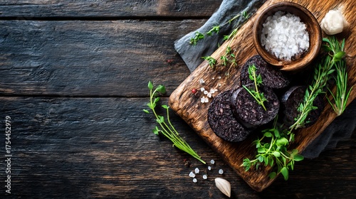 Savor the rich flavors of black pudding, a gourmet blood sausage. This tasty and fresh dish offers a delicious, natural experience. Rustic table background with copy space. Top view