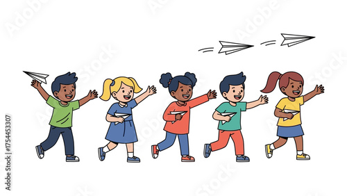 Paper Airplane Dreams: A group of diverse children joyfully launches paper airplanes, symbolizing freedom, creativity, and the boundless possibilities of imagination.