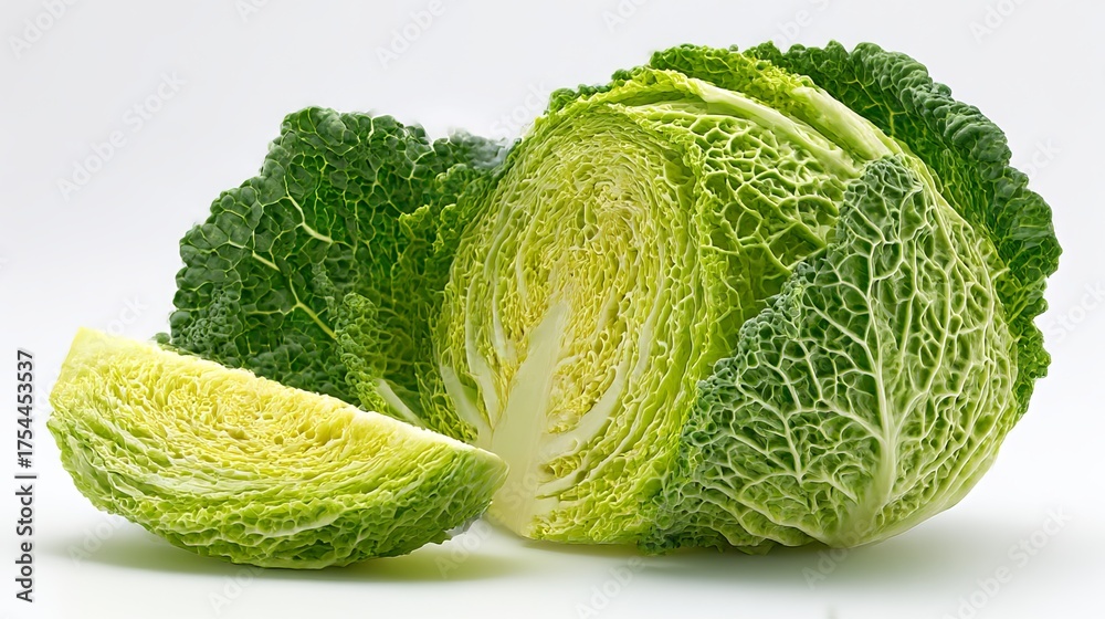 Fototapeta premium Savoy cabbage, sliced and isolated against a white backdrop, captured with a sharp focus. The image showcases the detail of the cabbage. 