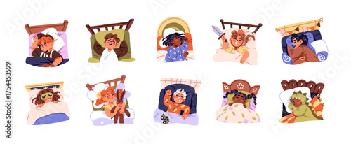 Sleeping kids top view set. Portraits of diverse asleep children. Little girls and boys in cute pajamas have a rest, nap in bed in night. Flat isolated vector illustrations on white background
