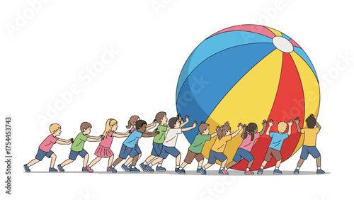 Children and Ball: A group of diverse children work in unison, pushing a large colorful ball with combined effort
