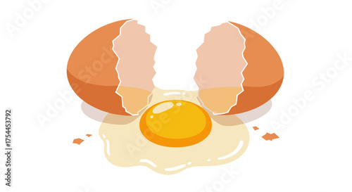 Cracked egg with yolk on white background in flat style