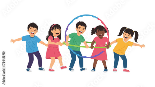 Joyful Playtime: A vibrant scene of childhood bliss unfolds as a group of children engage in playful activities using a colorful hoop, their faces alight with laughter and the spirit of friendship.