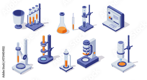 Isometric laboratory equipment set with test tubes and microscope in modern design