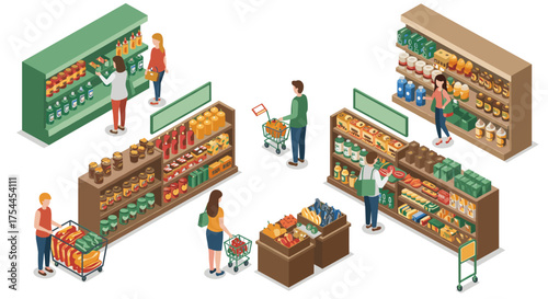 Isometric grocery shopping scene with shoppers and shelves in a supermarket