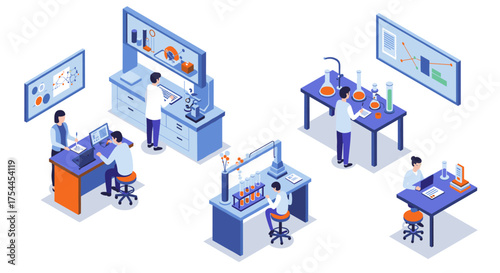 Isometric laboratory scene with scientists conducting experiments in a modern research lab setting