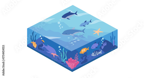 Isometric aquarium scene with diverse marine life and coral reef detail