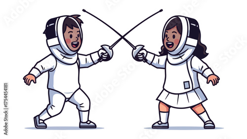 Young Fencers in Action: Two children, clad in fencing attire, engage in a dynamic fencing duel, showcasing skill and determination in a playful sport.