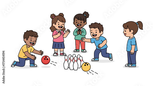 Bowling Buddies: A cheerful depiction of young children enjoying a game of bowling, radiating joy and camaraderie during the delightful outdoor activity.