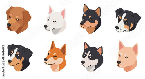 Dog breeds set: variety of dog heads in flat style