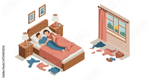 Morning routine in isometric bedroom with cozy couple and messy clothes