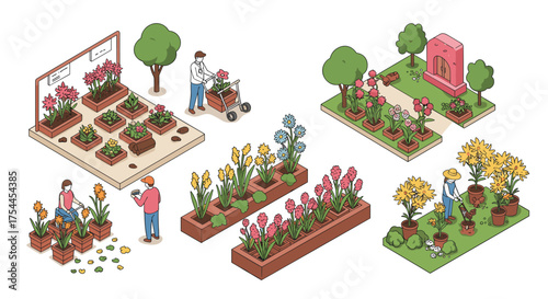 Isometric garden activities scene with flower beds and people engaged in gardening tasks