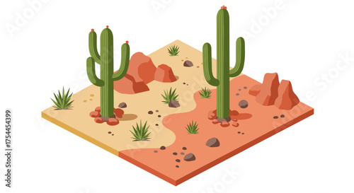 Isometric cactus landscape with desert terrain and rocks