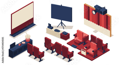 Isometric home theater elements with seating, projector, and snack setup