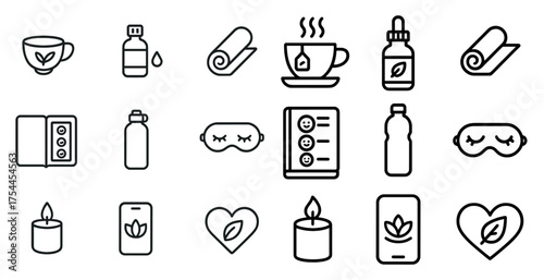 Wellness and relaxation icons set - outline, linear, spa and self-care symbols