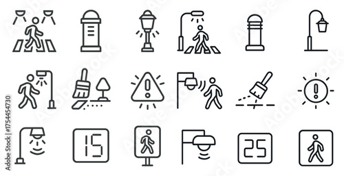 Pedestrian safety outline icons set – solid, silhouette, street crossing symbols