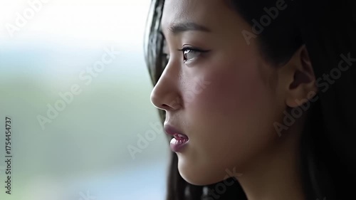 Profile of an Asian woman with dark hair and purple lips, looking left