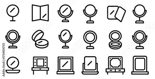 Mirror icons set – outline, vanity, reflection and beauty tools collection