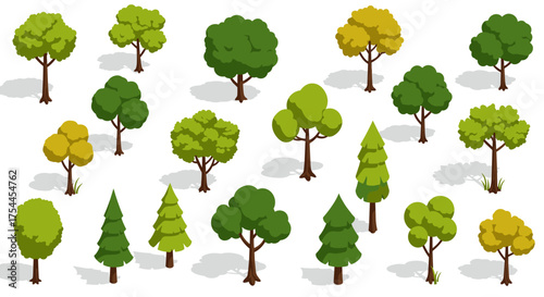 Isometric graphic set of various trees in green and yellow shades on white background