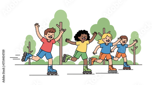 Roller Skating Fun: A lively group of children roller skating, with expressions of pure joy and excitement in their playful activity. capturing the essence of carefree childhood and vibrant motion.