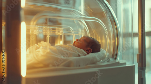 newborn baby resting peacefully in a neonatal incubator. A precious infant sleeps soundly inside a protective incubator, receiving care in a hospital setting.