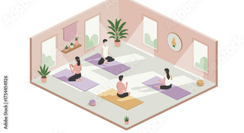 Isometric yoga session in minimalistic room with indoor plants and natural lighting
