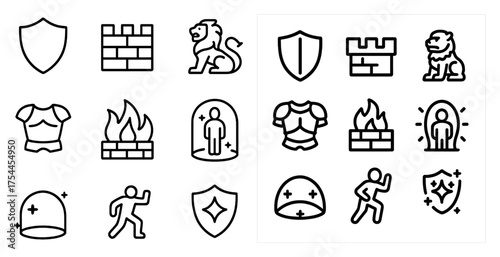 Medieval fantasy outline icons set – armor, shield, castle graphic symbols