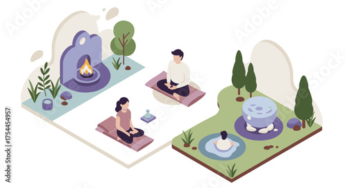 Serene isometric meditation retreat with natural elements and relaxation spaces