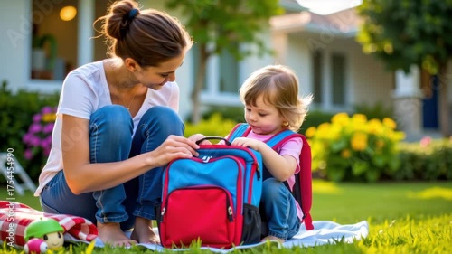 Young toddler and woman sitting on blanket outdoors in casual garden setting, playing with colorful backpack near house, enjoying family moment and child happiness in outdoor space