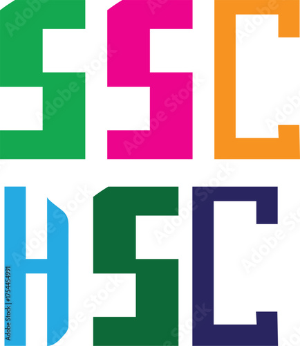 A colorful set of modern block letter designs for SSC and HSC, symbolizing secondary and higher secondary education qualifications and academic concepts