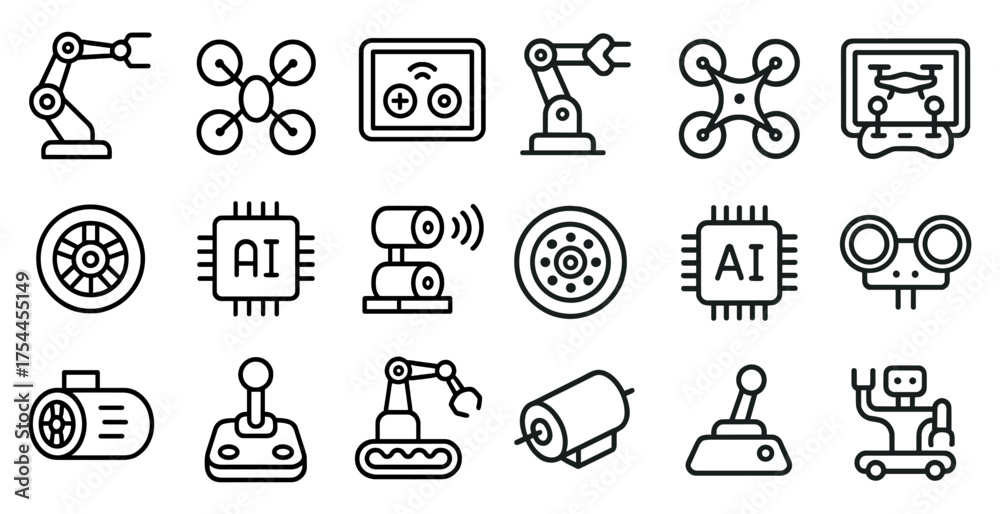 Naklejka premium Robotics and ai icons set – outline, linear, automation and tech symbols